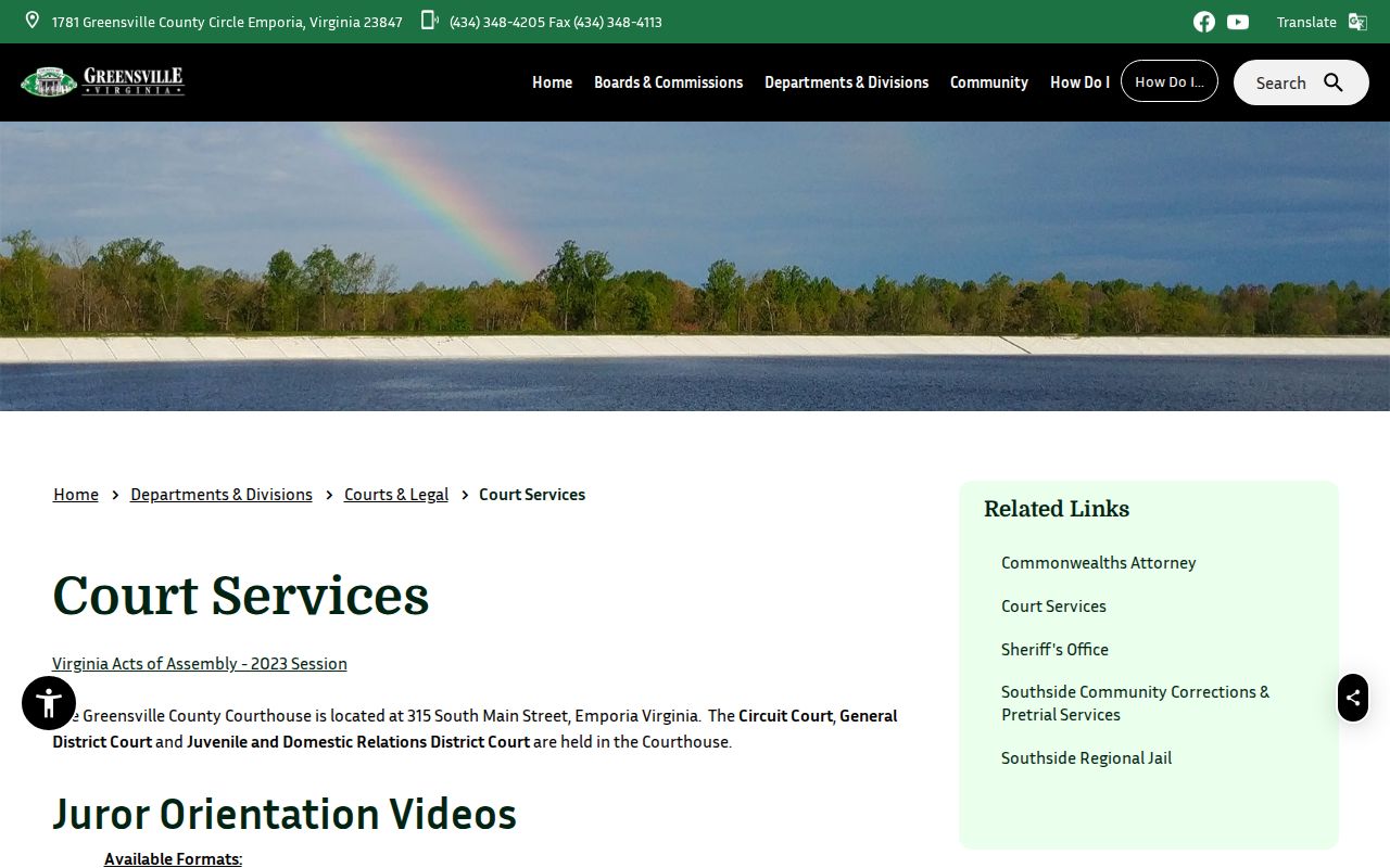 Greensville County courthouse information page with court locations and magistrate contact