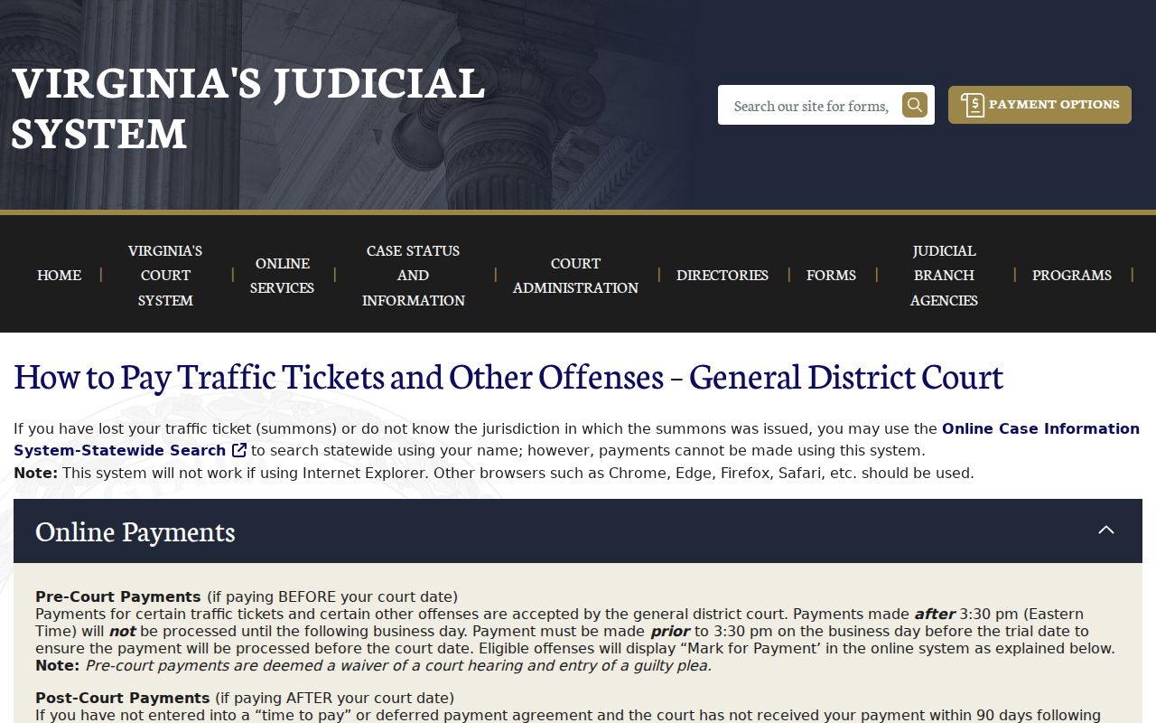 Virginia Courts traffic case and payment instructions with no personal ticket information