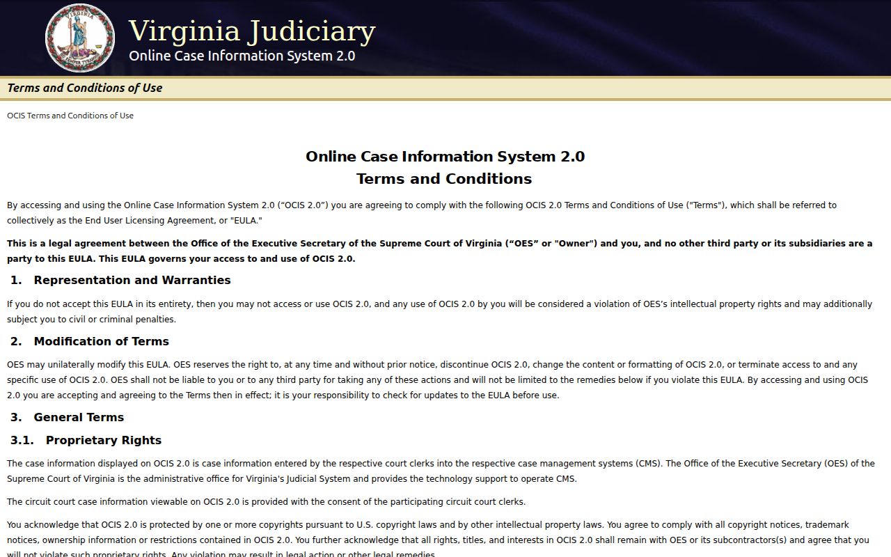 Public Virginia court case-information interface with search choices and court-level controls