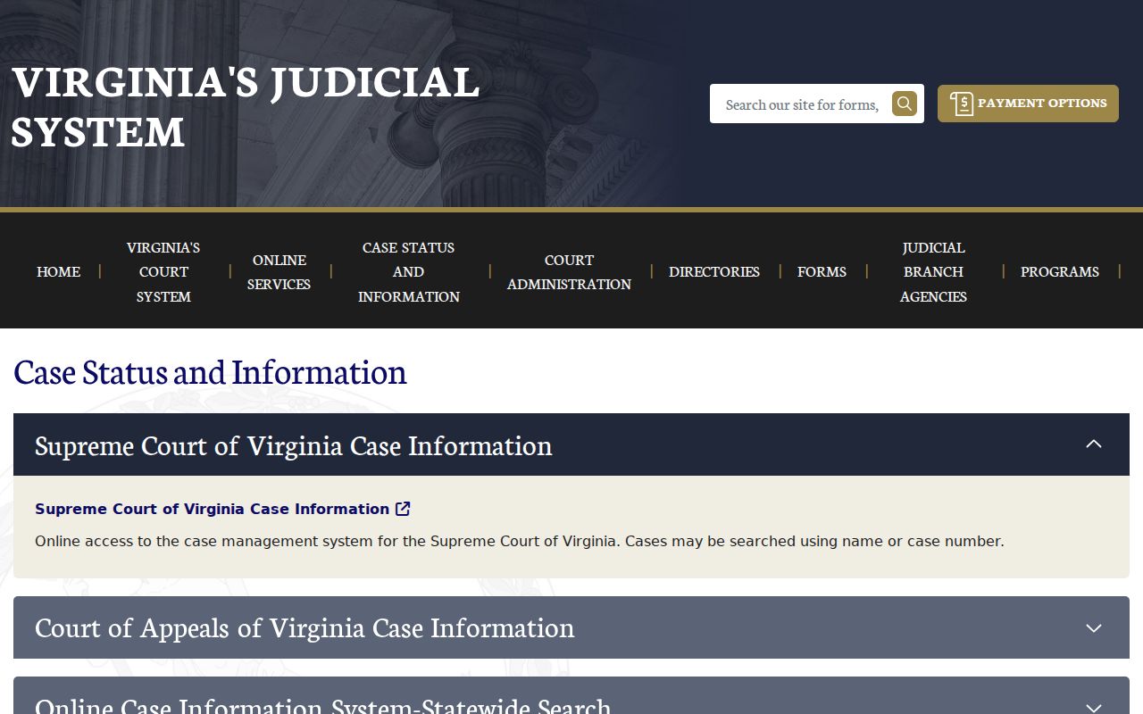 Virginia Courts search results and edit-criteria labels for public case information