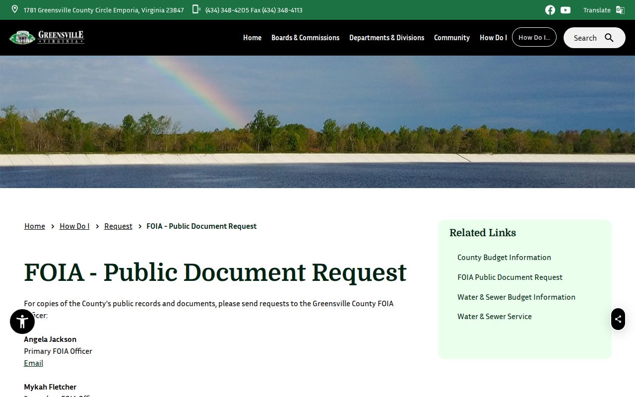 Greensville County public FOIA request page with county contact channels