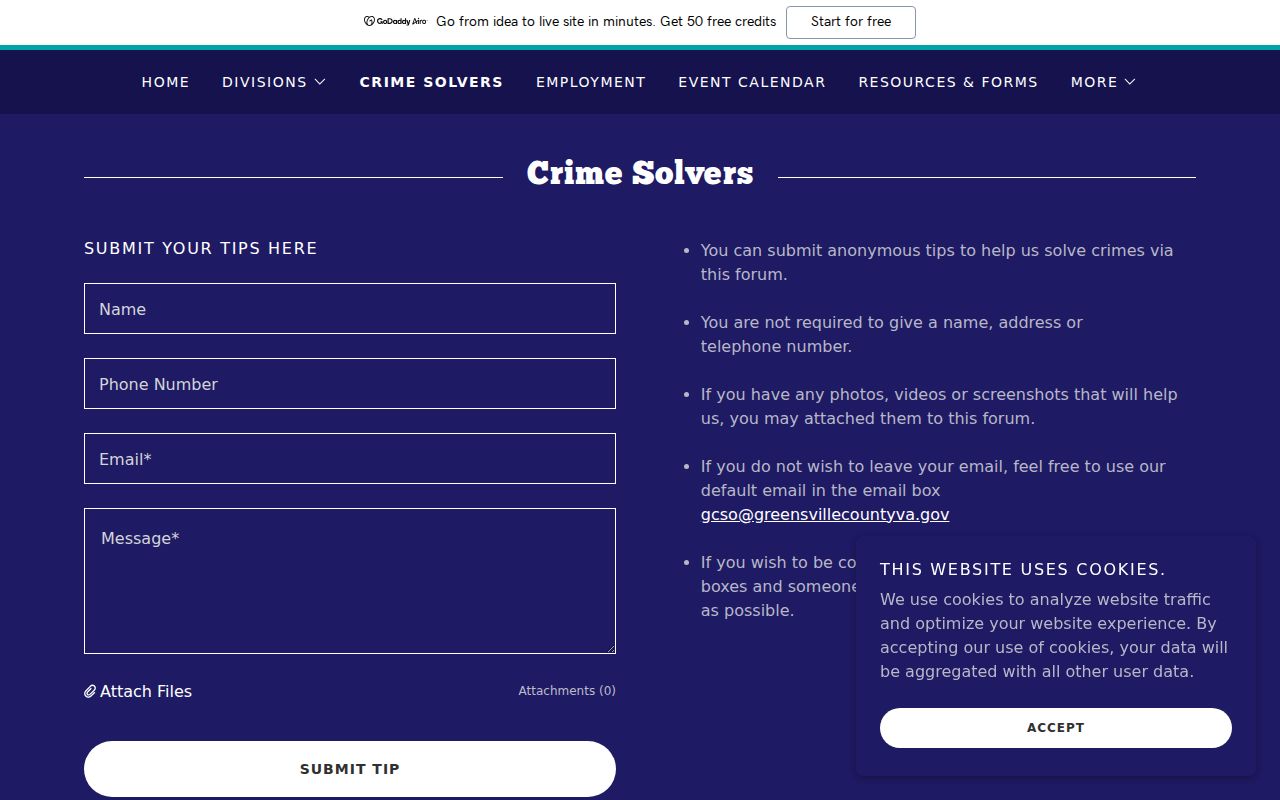 Greensville County Crime Solvers form with optional contact fields and an attachment control