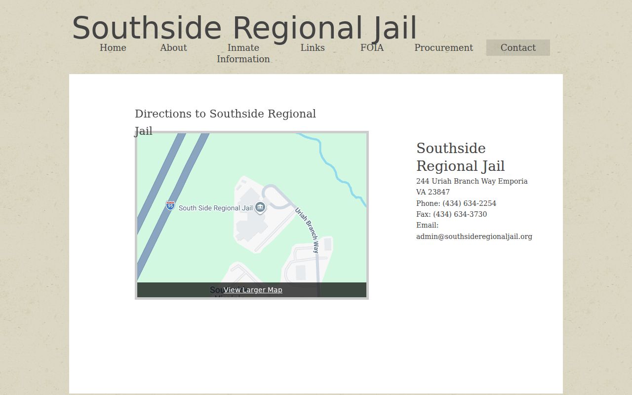 Southside Regional Jail contact page showing facility and official contact details