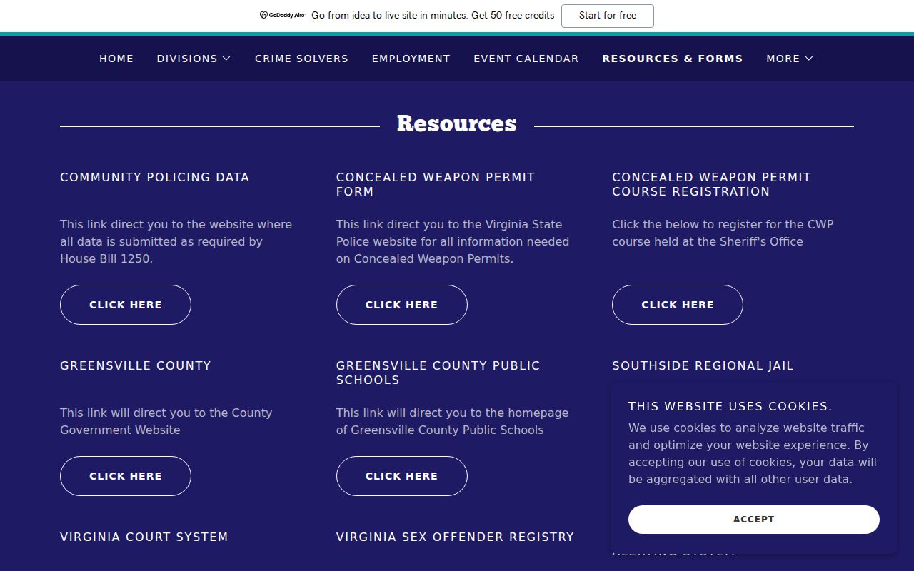 Greensville County Sheriff public resources page showing agency links and forms