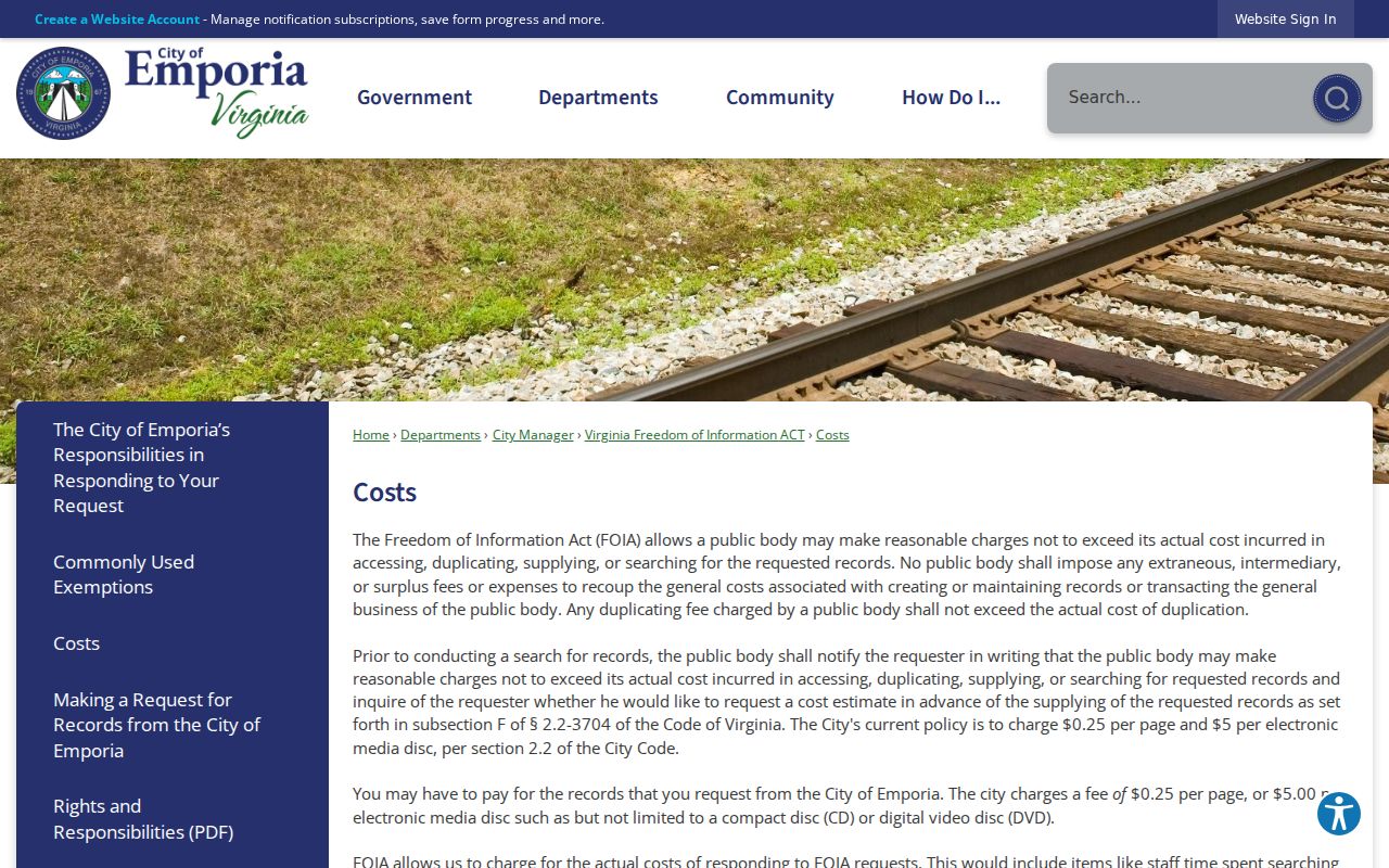 Emporia city FOIA cost information showing actual-cost copy rates and estimate details