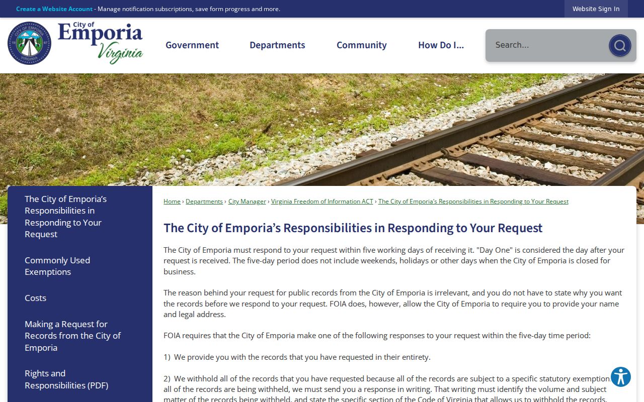 Emporia FOIA page describing the five-working-day response and possible extensions