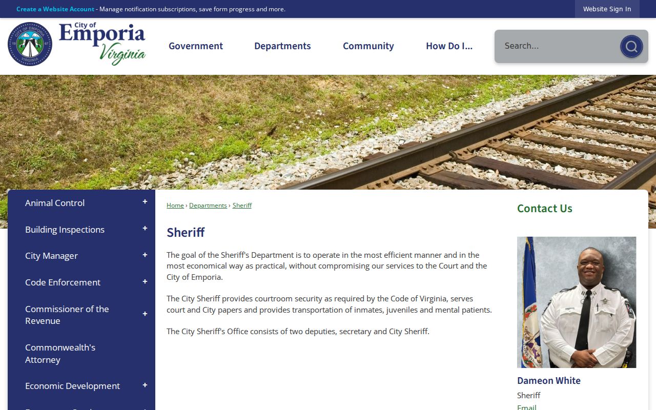 Emporia City Sheriff page describing the separate city sheriff's courtroom and civil-process role