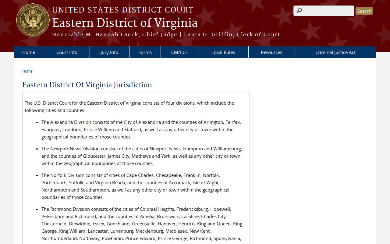 Eastern District of Virginia jurisdiction page showing Greensville in the Richmond Division