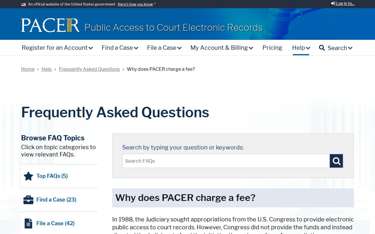 PACER federal docket access FAQ with fee information for federal court documents