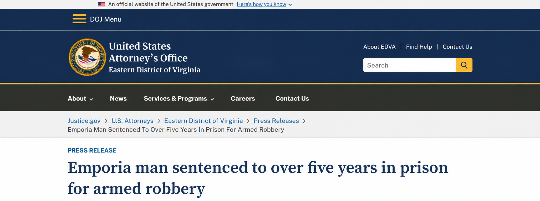 Cropped Eastern District of Virginia press-release header and headline with the named defendant omitted