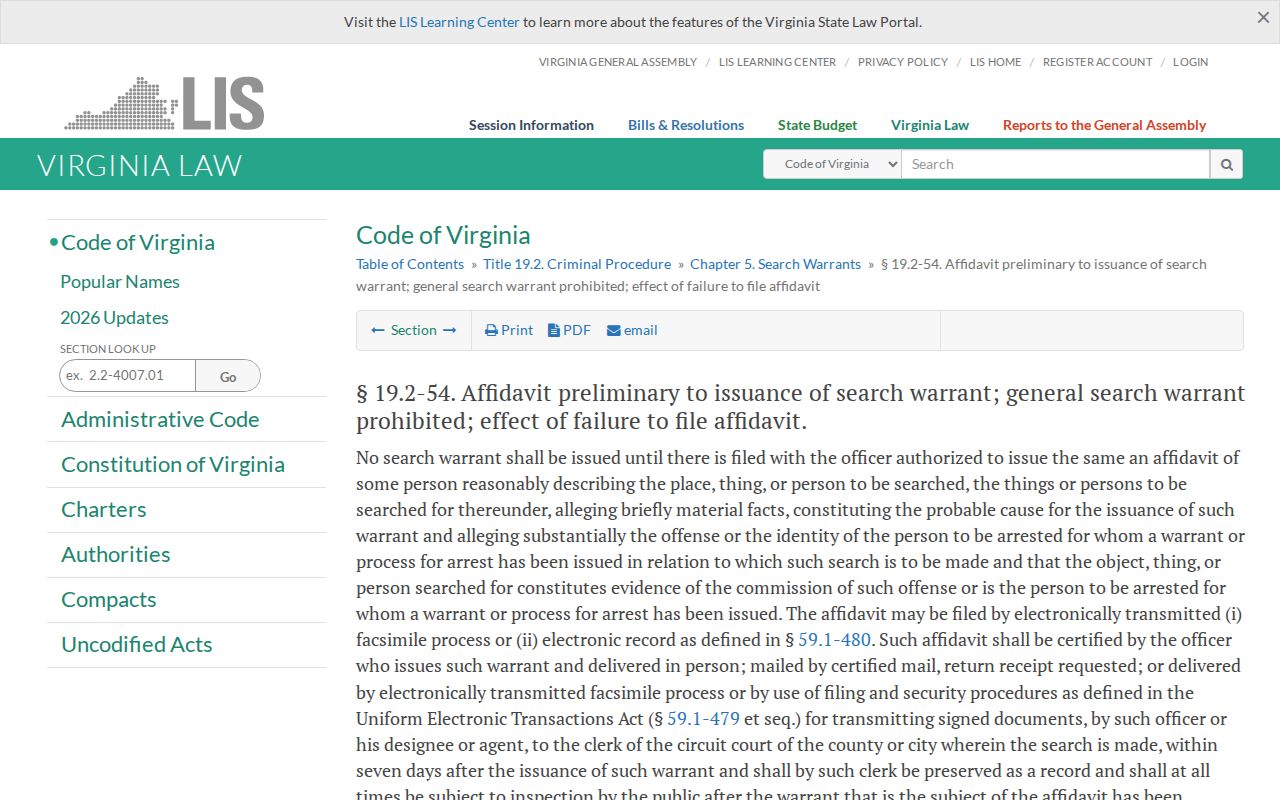 Virginia statute page describing inspection of executed search-warrant affidavits and sealing exceptions