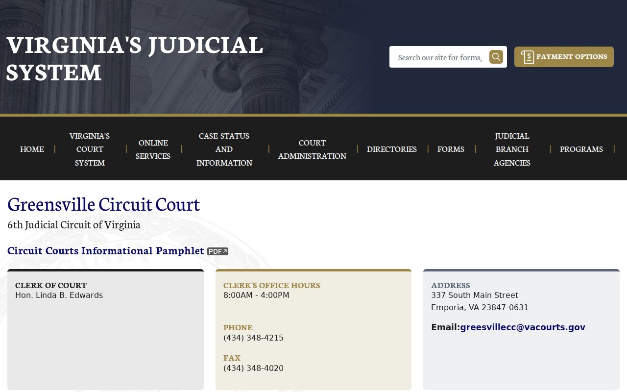 Official Greensville Circuit Court page with clerk contact and courthouse information