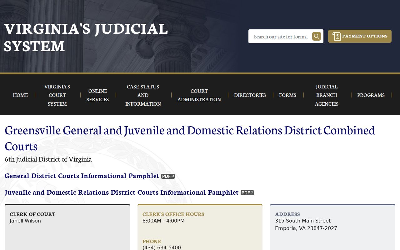 Greensville General District and JDR court contact page with clerk routing information
