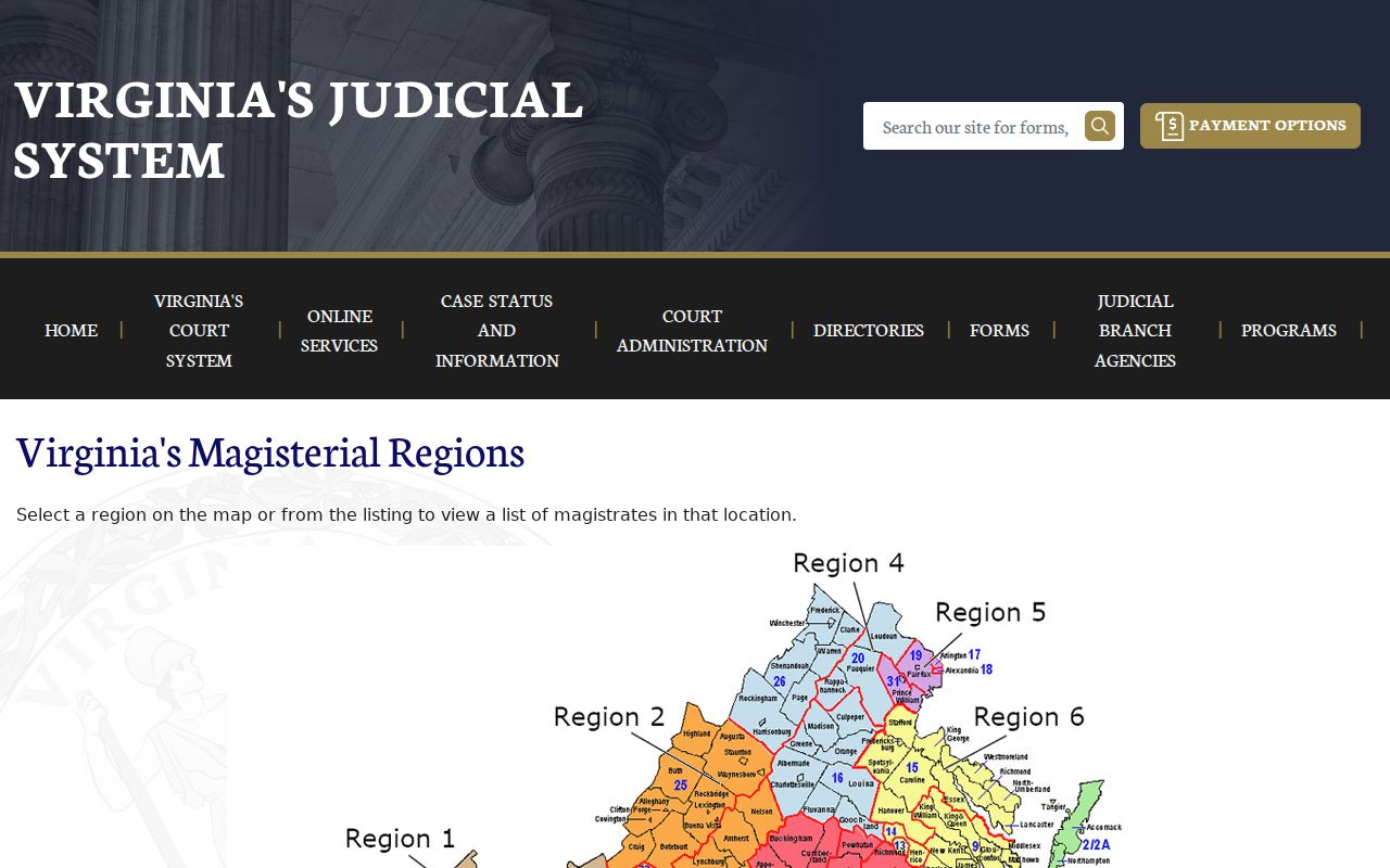 Virginia Magistrate Services map showing District 6 and Region 3 locality routing